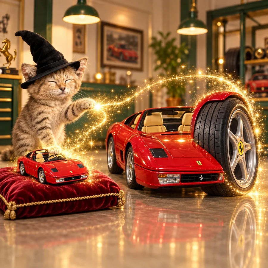 The kitten casting golden sparkles from a toy car on a cushion toward a full-size red sports car with one oversized wheel